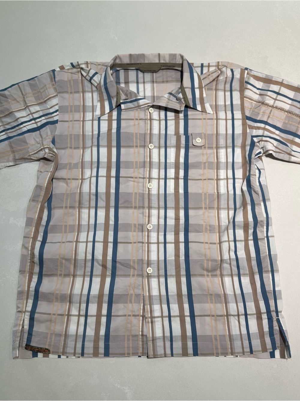 Salomon blue and beige striped button up